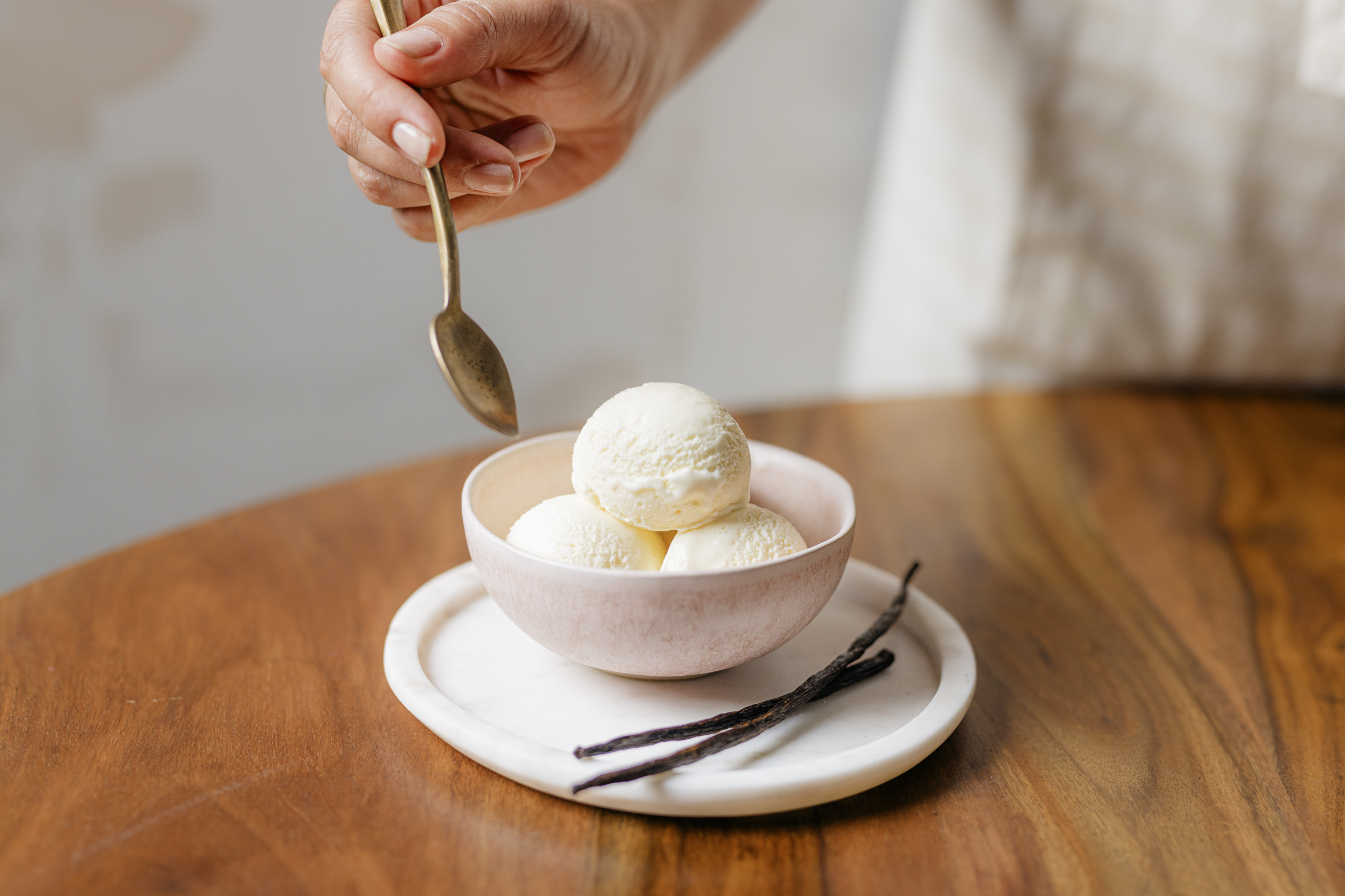 Scoops of vanilla ice cream in a bowl with a side of vanilla beans.