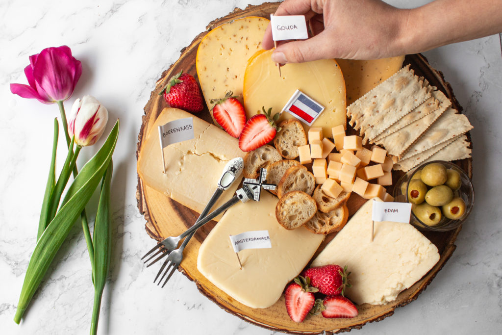 Dutch cheese platter with tulips