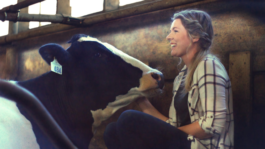 Lorna Hamming petting a cow