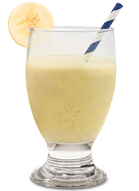 Peanut butter banana-za smoothie in a glass with a straw