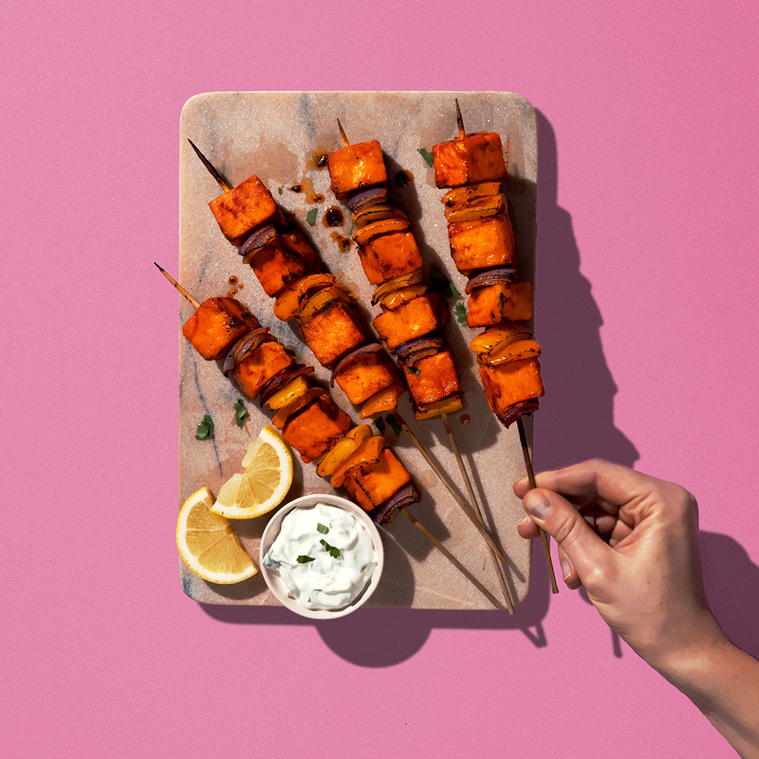 Tandoori marinated paneer skewers with Greek yogurt dip