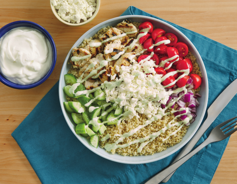 feta yogurt chicken bowl