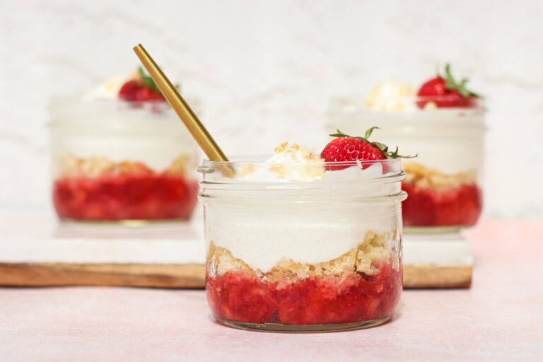 strawberry shortcake dessert cups in glass jars