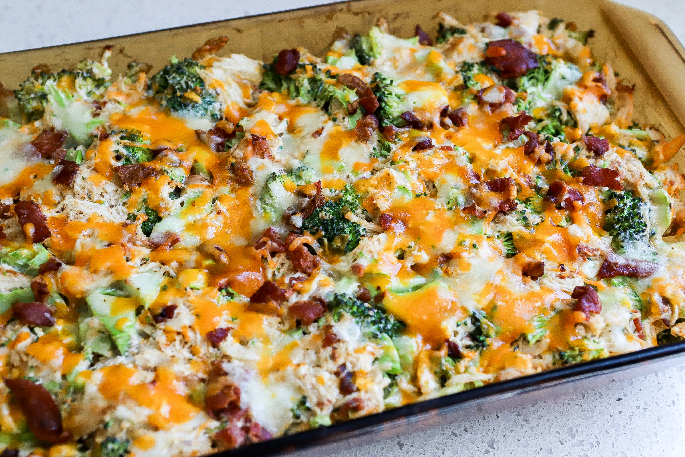 baking tray of cheesy chicken casserole