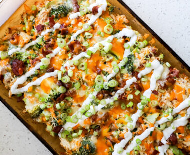 Cheesy chicken casserole in a baking dish