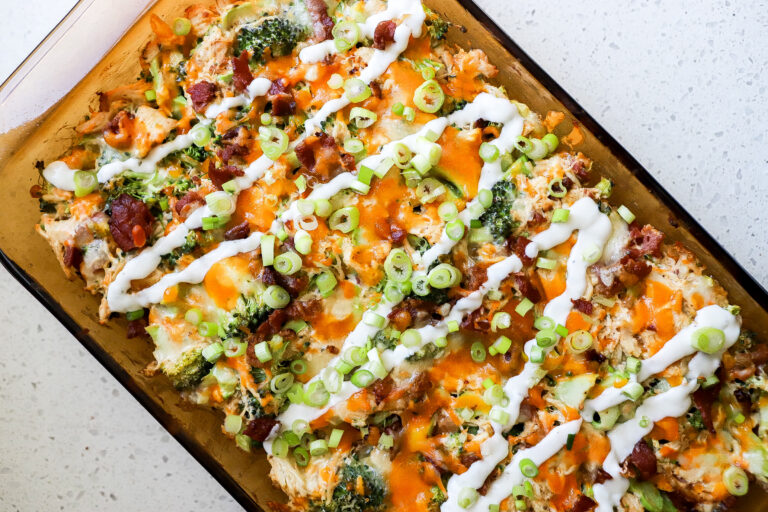 Cheesy chicken casserole in a baking dish
