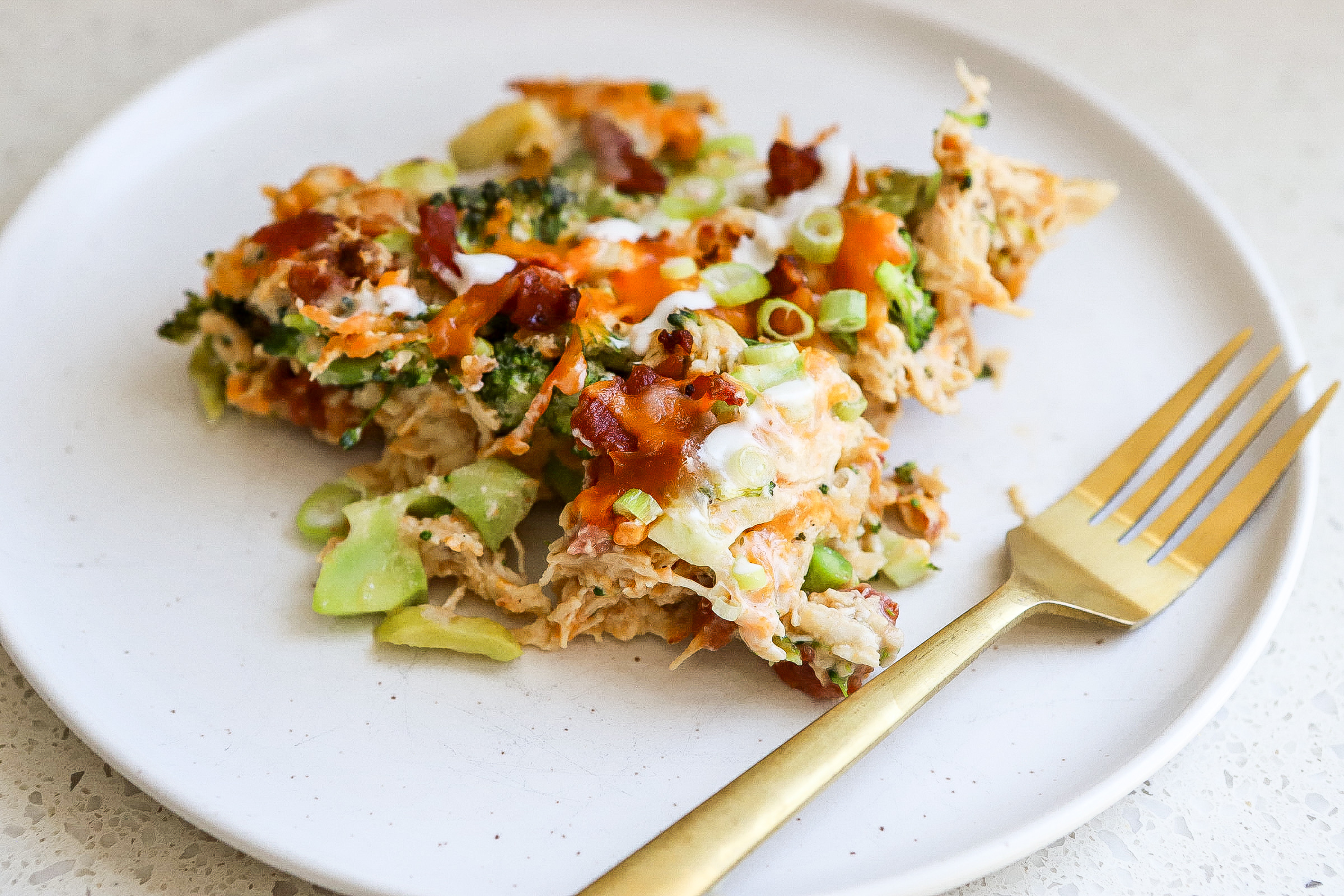 Slice of cheesy chicken casserole on a plate