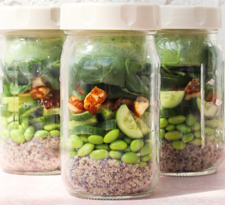 Green goddess power bowl in jars