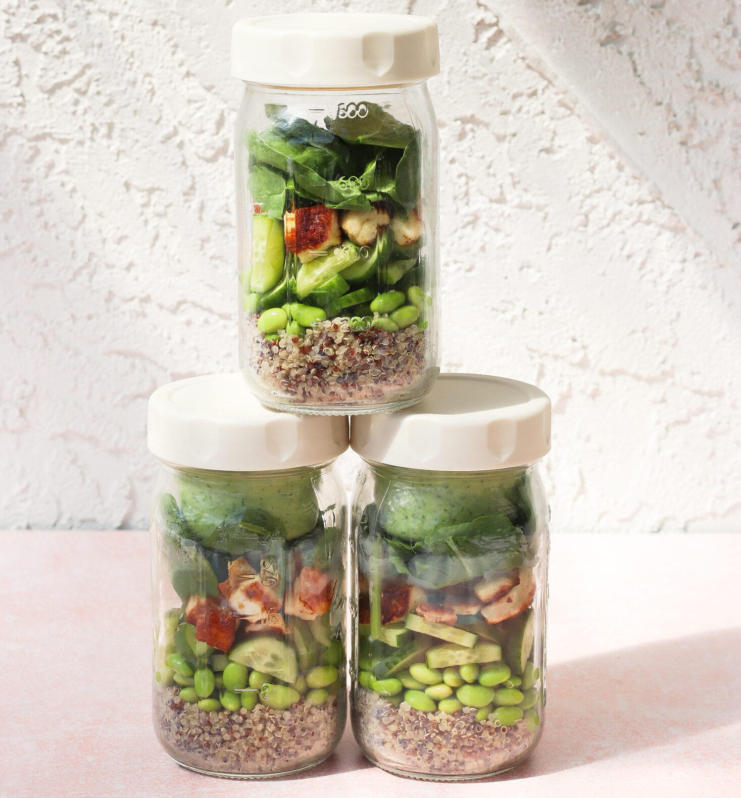 Green goddess power bowl in glass jars