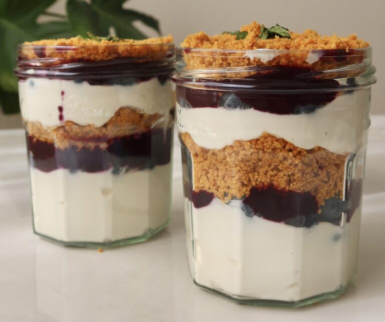 Blueberry parfait in glass jars